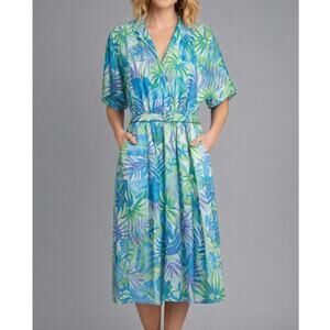 Vintage 80s Green Blue Tropical Print Belted Retro Dress Womens Large Summer